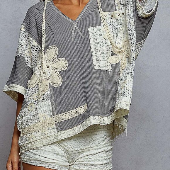 The Gabriella Grey POL Set V-neck hoodie, relaxed fit top And Pants with lace - Picture 2 of 4